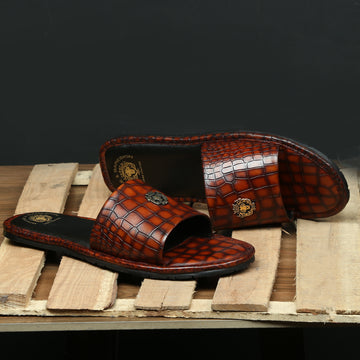 Tan Leather Whole Deep Cut Croco Slide-In-Slippers by Brune & Bareskin