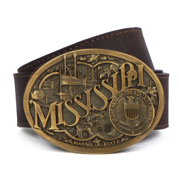 Rich Mississippi Culture Inspired Buckle Dark Brown Leather Belt