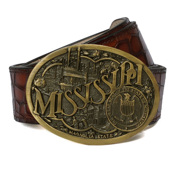 Rich Mississippi Culture Inspired Buckle Smokey Cognac Deep Cut Croco Textured Leather Belt By Brune & Bareskin