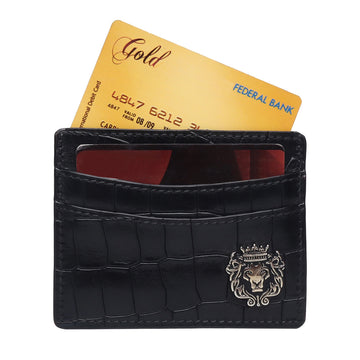 Black Croco Deep Cut Leather With Golden Lion Logo Card Holder By Brune & Bareskin