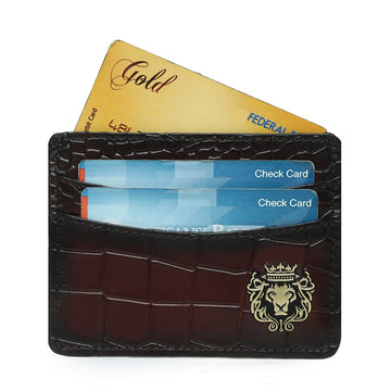 Dark Brown Croco Deep Cut Leather With Golden Lion Logo Card Holder By Brune & Bareskin