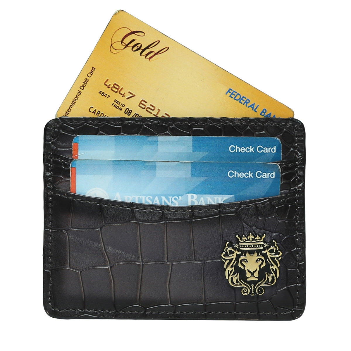 Grey Croco Deep Cut Leather With Golden Lion Logo Card Holder By Brune & Bareskin
