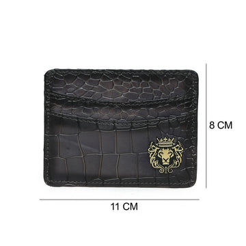 Grey Croco Deep Cut Leather With Golden Lion Logo Card Holder By Brune & Bareskin