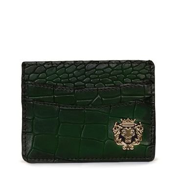 Metal Lion Green Deep Cut Croco Textured Leather Card Holder By Brune & Bareskin