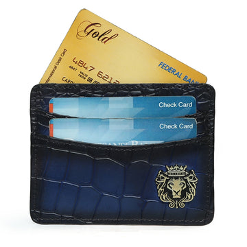 Blue Croco Deep Cut Leather With Golden Lion Logo Card Holder By Brune
