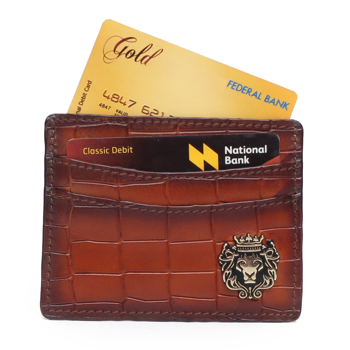 Tan Croco Deep Cut Leather With Golden Lion Logo Card Holder By Brune & Bareskin