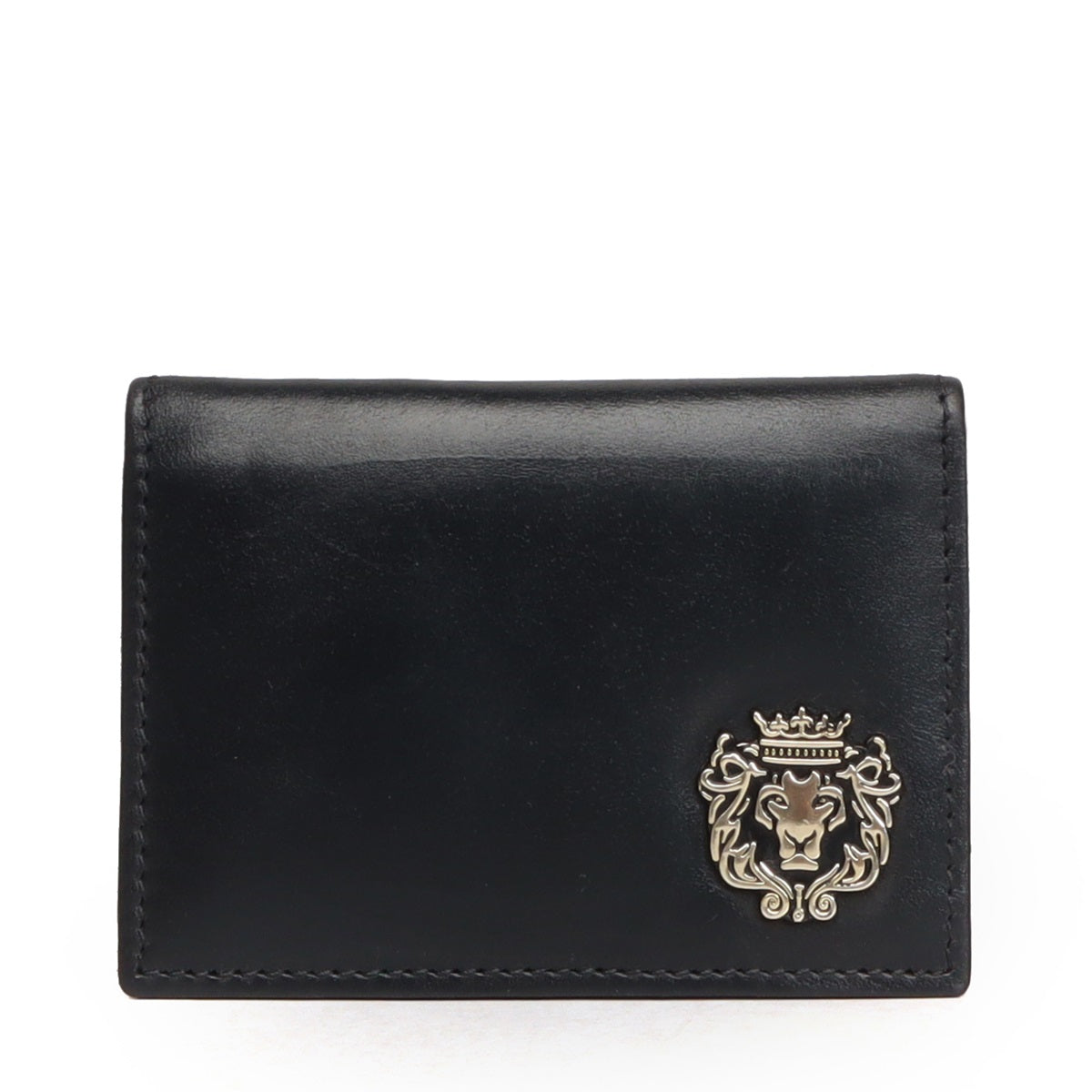 Black Leather Card Holder With Silver Metal Lion Logo