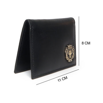 Black Leather Card Holder With Silver Metal Lion Logo