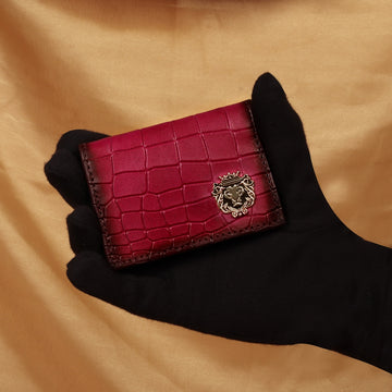 Deep Cut Pink Croco Leather Card Holder With Multi Slot Metal Lion by Brune & Bareskin