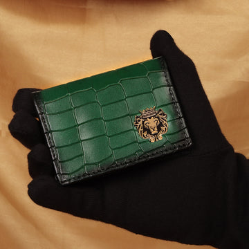 Bi-Fold Green Card Holder in Deep Cut Leather with Metal Lion Logo by Brune & Bareskin