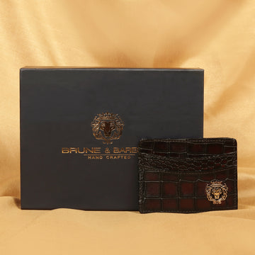 Smokey Patina Finish Card Holder in Dark Brown Deep Cut Croco Textured Leather by Brune & Bareskin
