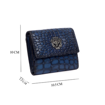 Snap Button Blue Deep Cut Croco Textured Leather Multi Pockets Card Holder By Brune & Bareskin