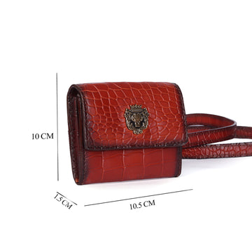 Adjustable Strap Tan Card Holder in Deep Cut Croco Textured Leather Multi Pockets By Brune & Bareskin