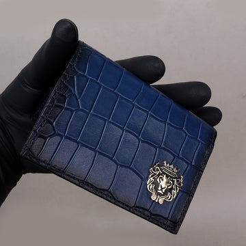 Deep Cut Blue Croco Leather Card Holder with Metal Lion Logo by Brune & Bareskin