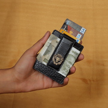 Magnetic Clip Black Deep Cut Croco Textured Leather Card Holder By Brune & Bareskin
