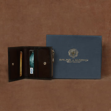 Dark Brown Snap Button Multi Card Slots Coin Zip Closure Bi-Fold Wallet