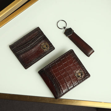 Brown Combo Croco Print Leather Wallet, Card Holder and Stylish Key Chain By Brune & Bareskin