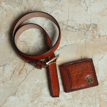 Tan Croco Textured Leather Combo of Belt and Wallet