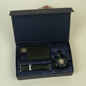Green Apple Combo Of Deep Cut Croco Mobile Cover, Watch Strap and Air-pod Case By Brune & Bareskin