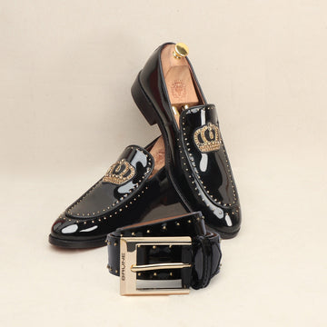 Patent Black Studded Leather Combo of Loafer With Golden Metal Buckle Belt
