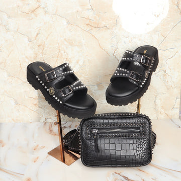 Combo of Black Deep Cut Leather Stud Detailing Slide-in Slippers and Cross-Body Bag