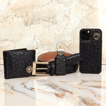 Luxurious Combo of Mobile Cover, Key-chain and Air-pods Cover in Real Ostrich Black Leather