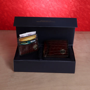 Combo of Dark Brown Croco Textured Leather Wallet and Card Holder with Metal Logo by Brune & Bareskin