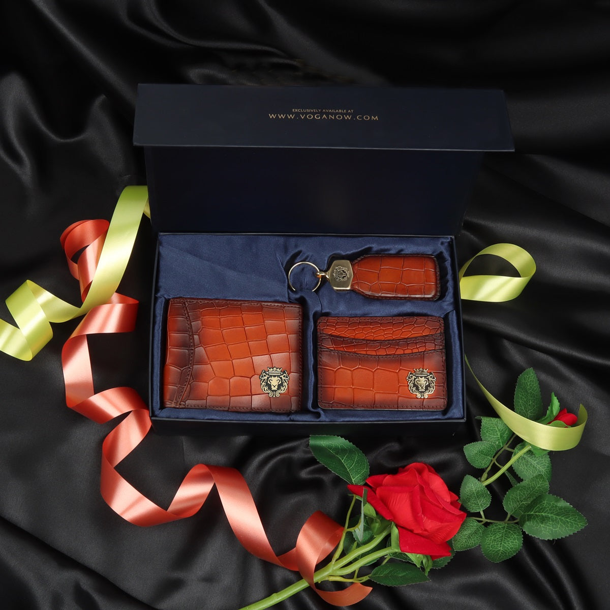 Gifting Combo Pack of Burnished Tan Croco Leather Wallet, Cardholder and Keychain by Brune & Bareskin