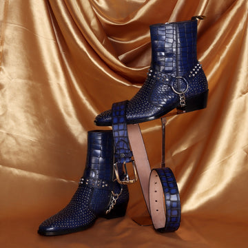 Combo of Blue Deep Cut Croco Textured Leather Studded Boot and Smokey Finish Belt