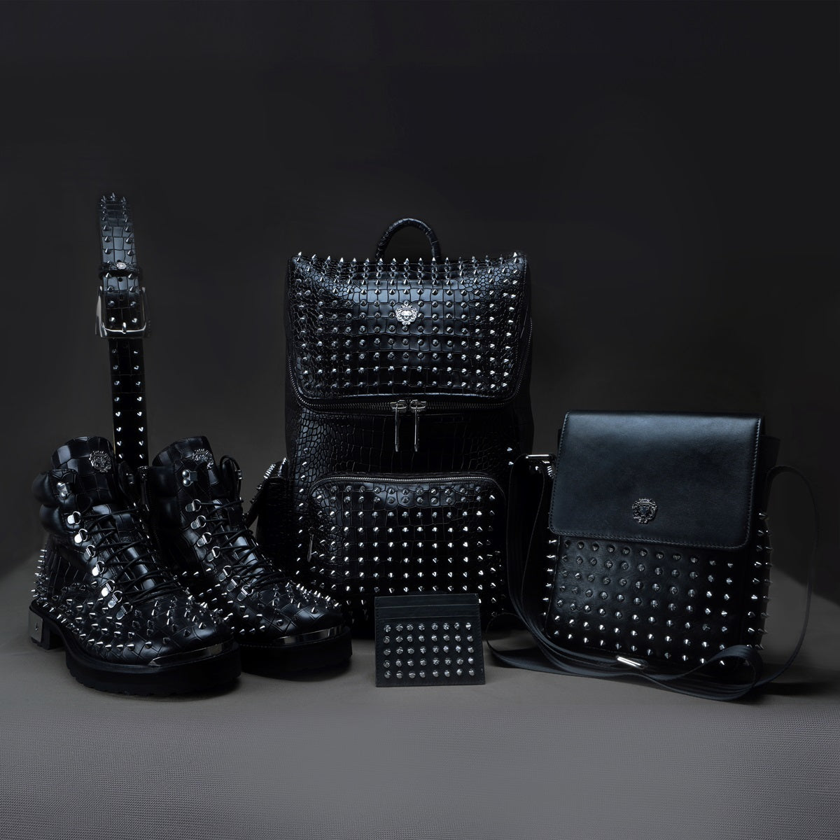 Studded Matching Black Croco Print Leather Combo