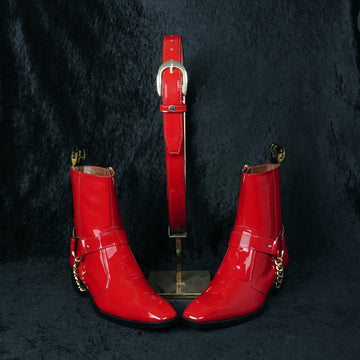 Gold Finish Red Patent Leather Combo of Cuban Boots & Belt