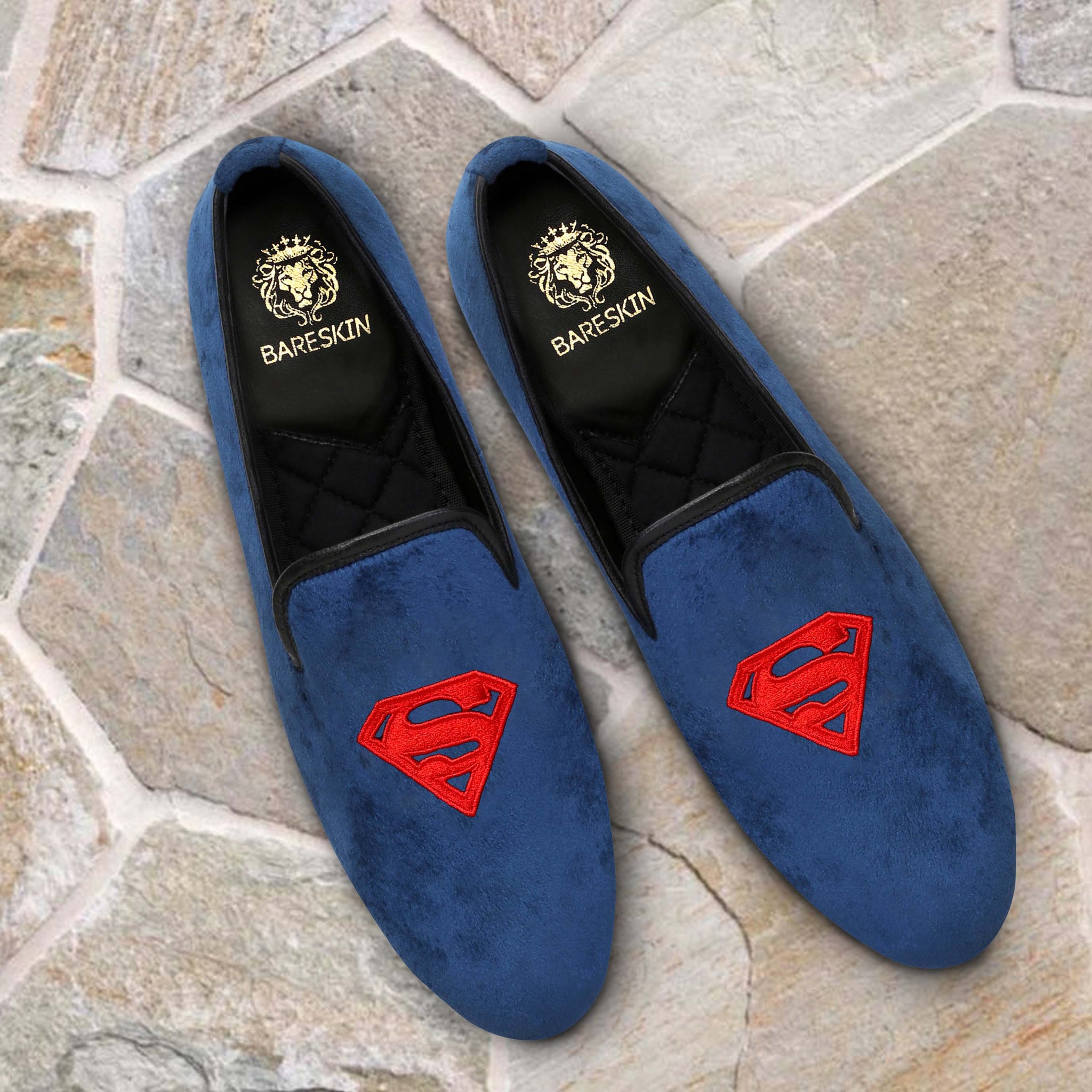SUPERMAN Logo Crafted on Blue Velvet Slip-on by Brune & Bareskin