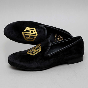 Handcrafted Black Italian Velvet Slip-On With AH Initials by Brune & Bareksin