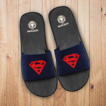 Superman Logo Customized on Blue Velvet Slippers by Brune & Bareskin