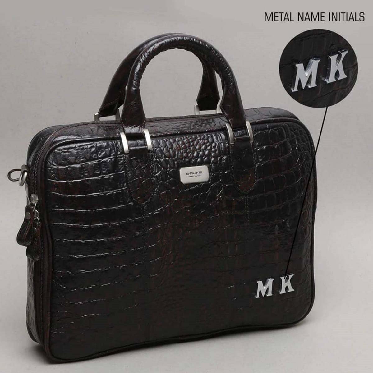 Black Croco Leather Customized Laptop Briefcase With MK Initials By Brune & Bareskin