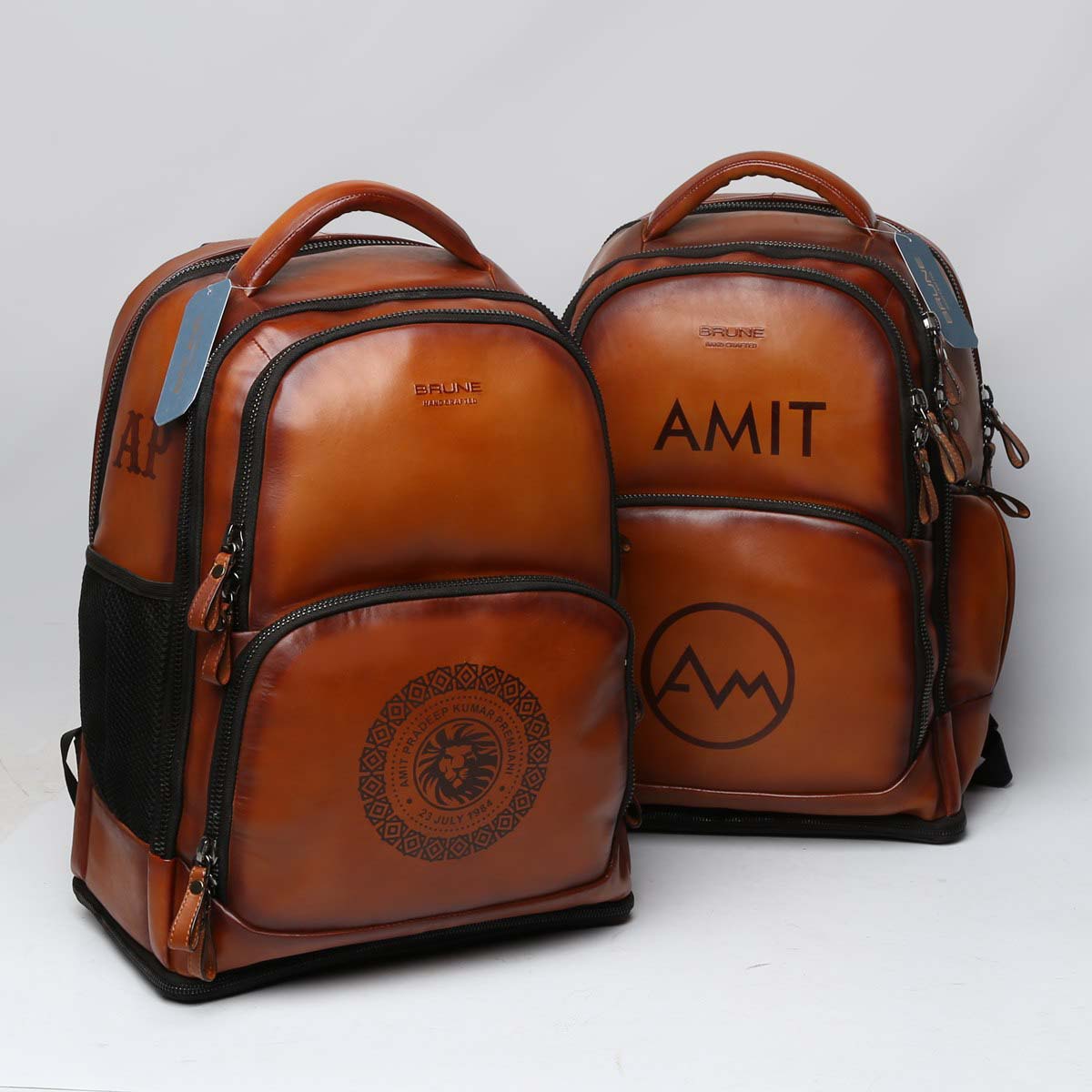Tailored 2Pc of Tan Leather Backpack with Hand Painted Name Initials by Brune & Bareskin