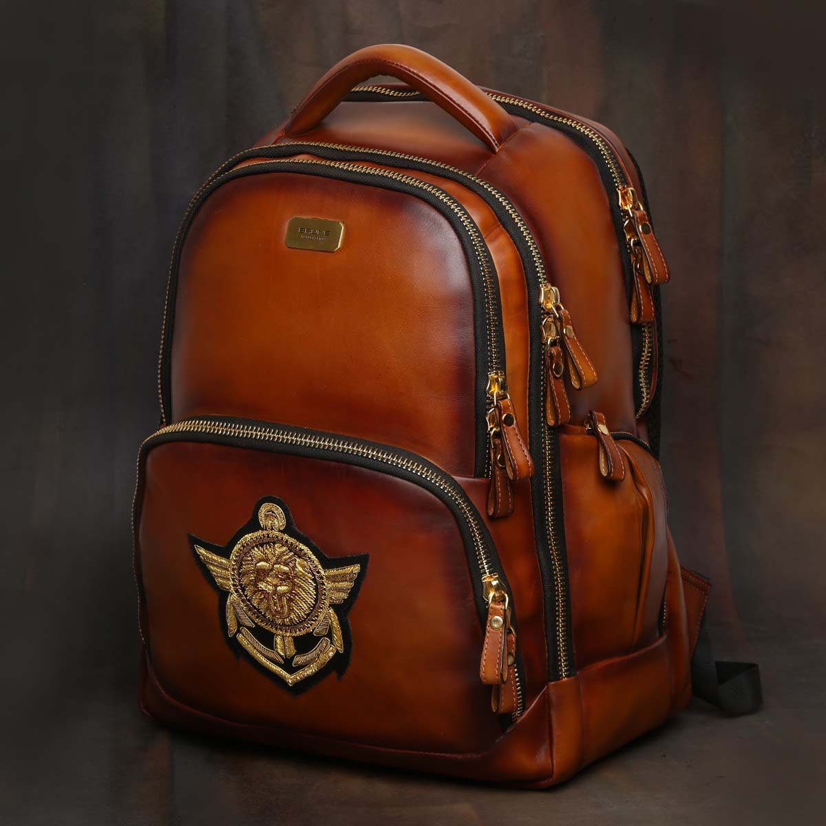 Customized Zardosi Tan Leather Backpack with Your Desired Logo by Brune & Bareskin