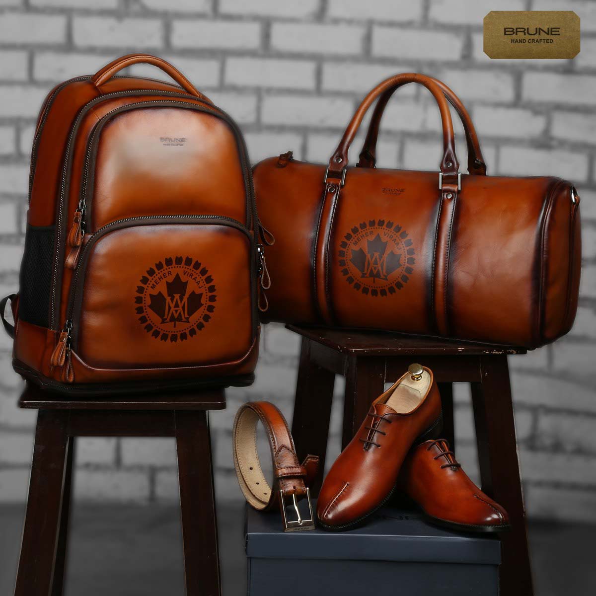 Tailored 4 pc combo of Shoe, Backpack, Belt & Duffle with desired logo By Brune & Bareskin