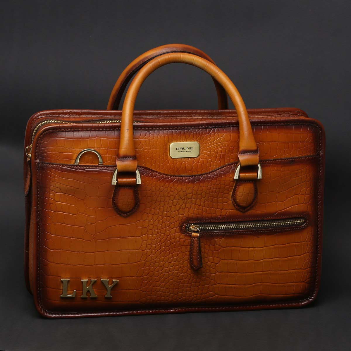 LKY Gold Metal Initial Crafted On Tan Leather Laptop Bag by Brune & Bareskin