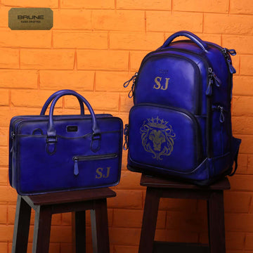 2 pc Customized Combo of Royal Blue Leather Backpack & Laptop Bag with RJ initials by Brune& Bareskin