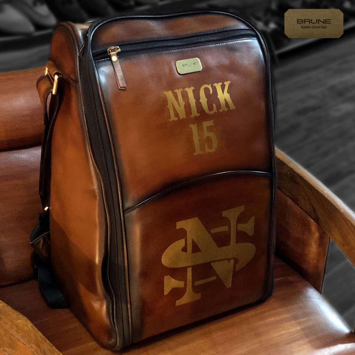 Specially-made Tan Leather Backpack with NICK 15 Name Initials by Brune & Bareskin