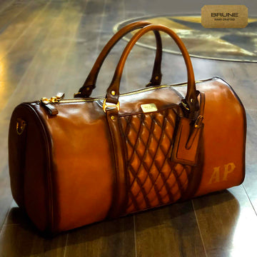 'AP' Initial Handmade Tan Leather Diamond Stitched Duffle Bag by Brune & Bareskin