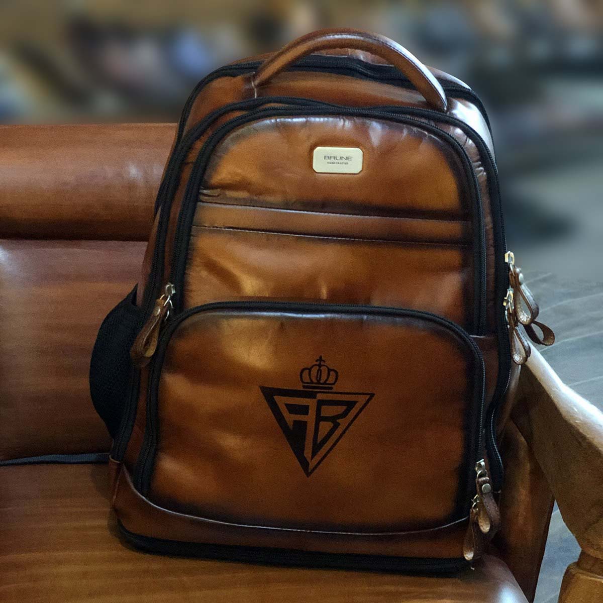 Customised Backpack of Tan Leather with Hand painted RB Initials by Brune & Bareskin