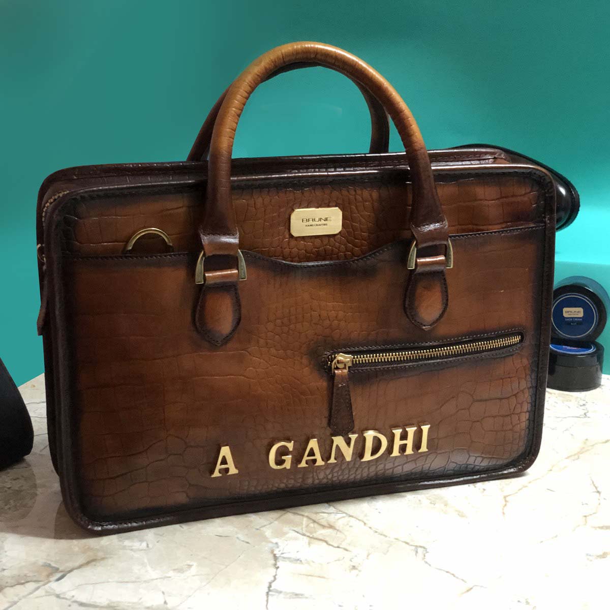Personalized Tan Leather Laptop Bag with Name Initials A GANDHI by Brune & Bareskin