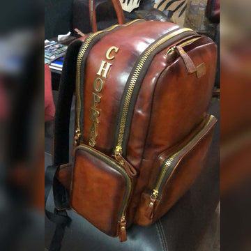 Custom Built Tan Leather Backpack with Name Initials CHOPRA'S by Brune & Bareskin