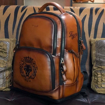 Handmade Tan Leather Backpack with Name Initials TIGER by Brune & Bareskin