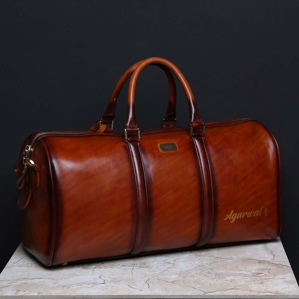 Crafted Tan Leather Duffle Bag with Name Initials AGARWAL'S by Brune & Bareskin