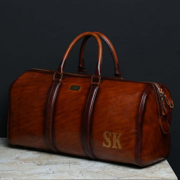 SK Name Initials on Handmade Tan Leather Duffle Bag by Brune & Bareskin