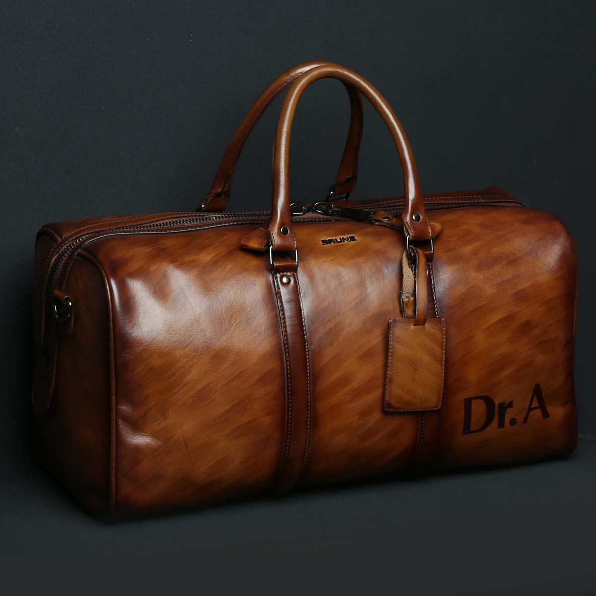 Customized Tan Leather Duffle Bag with Hand painted Your Name Initials by Brune & Bareskin