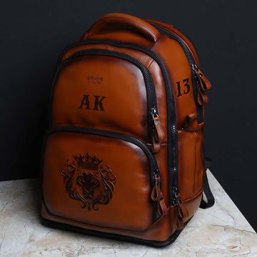 Tan Leather Customized Backpack with Name Initials AK by Brune & Bareskin